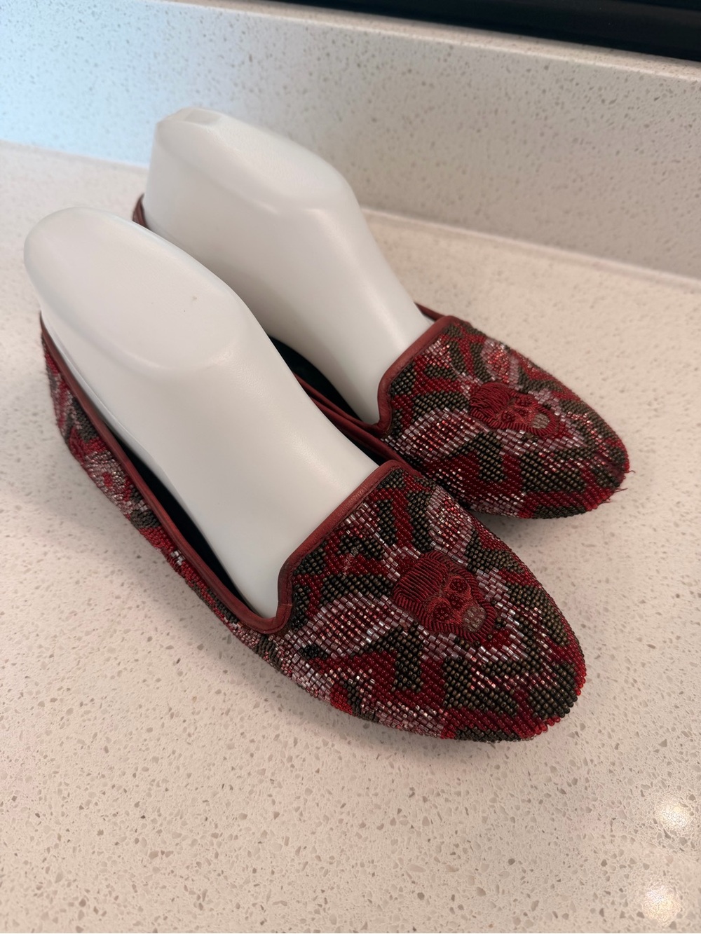 House of Hallow Red Beaded Skull Embellished Loafers